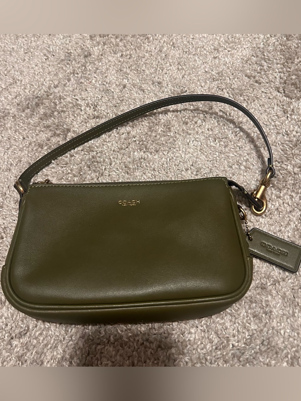Coach Olive Green Leather Shoulder Pouch with Gold Hardware